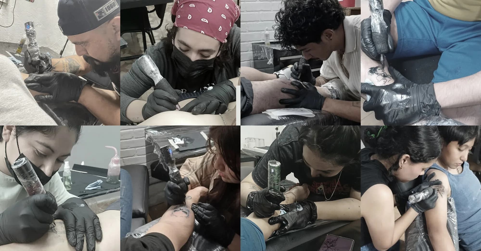 Ocho alumnos de la academia tatuando en el estudio, con guantes, cubrebocas y máquinas cubiertas con barrera protectora.